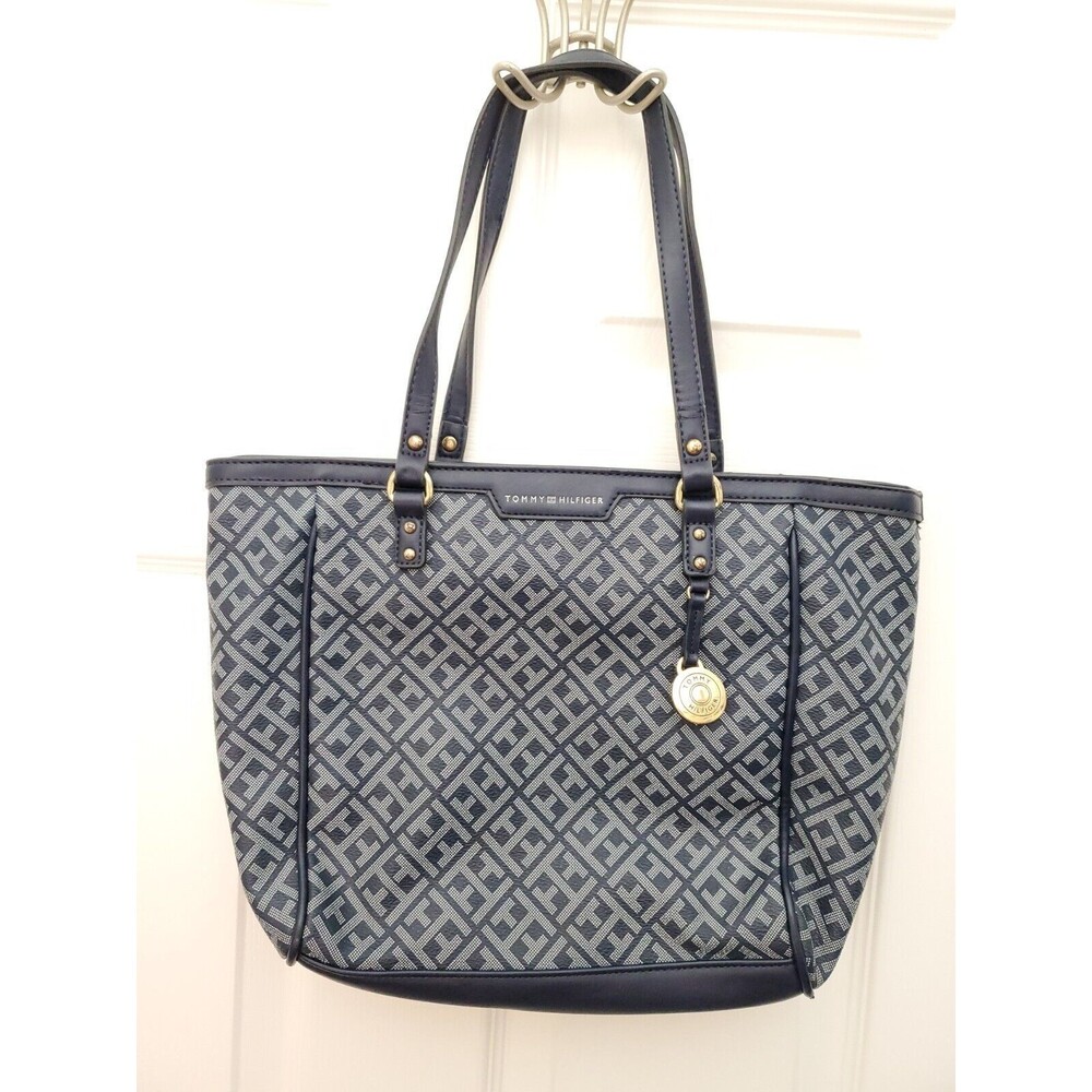 Tommy Hilfiger Blue Monogram Purse Handbag W/ Charm VGUC 14x10x3